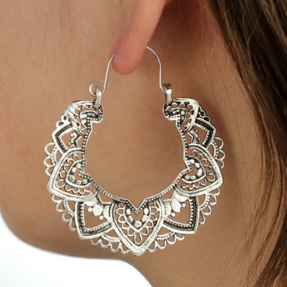 Jewelry - 925 Silver Hoop Floral Antique New Summer Earrings